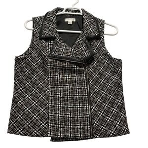 Christopher Banks Black White Plaid Faux Leather Trim Zip Vest Women's Size XL